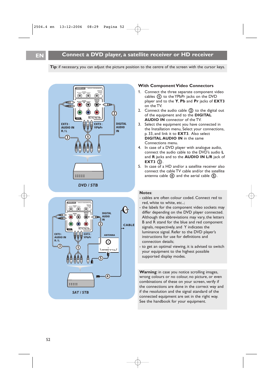 With component video connectors, 3dvd / stb 2, Also select | Jacks and to the, Jack of, Ext3, Digital audio in, Audio in l/r | Philips 37-42PF9831D/10 User Manual | Page 52 / 74