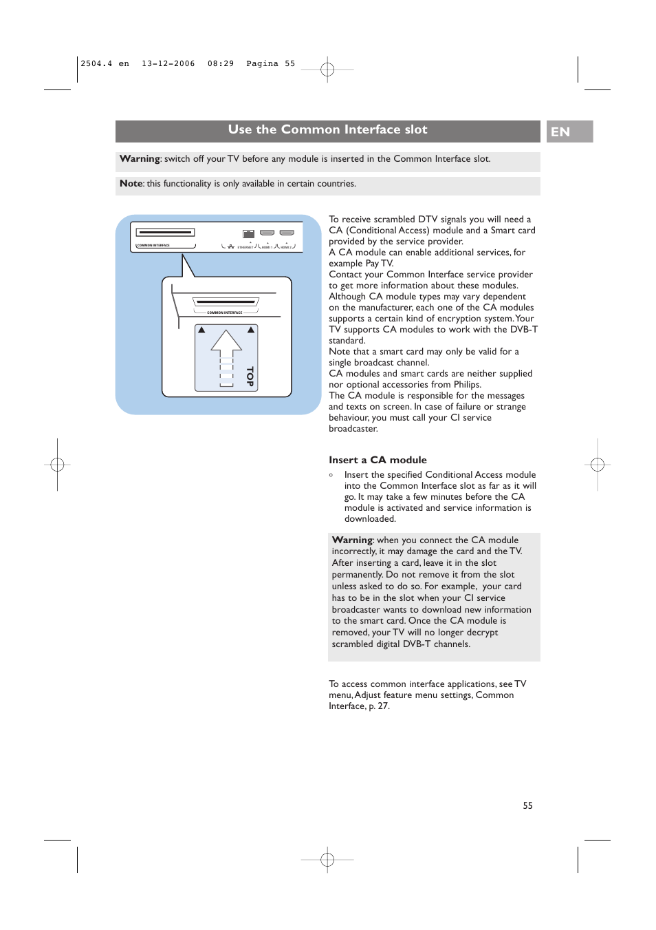 Use the common interface slot en, Insert a ca module | Philips 37-42PF9831D/10 User Manual | Page 55 / 74