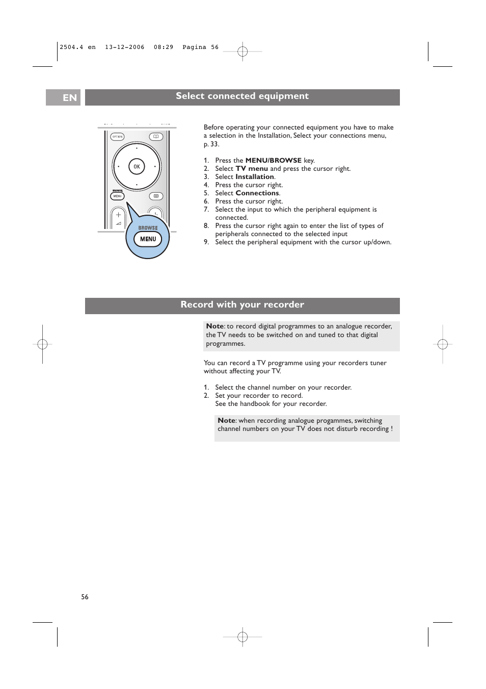 Record with your recorder, Select connected equipment en | Philips 37-42PF9831D/10 User Manual | Page 56 / 74