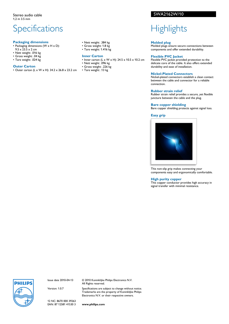 Specifications, Highlights | Philips SWA2162W/10 User Manual | Page 2 / 2