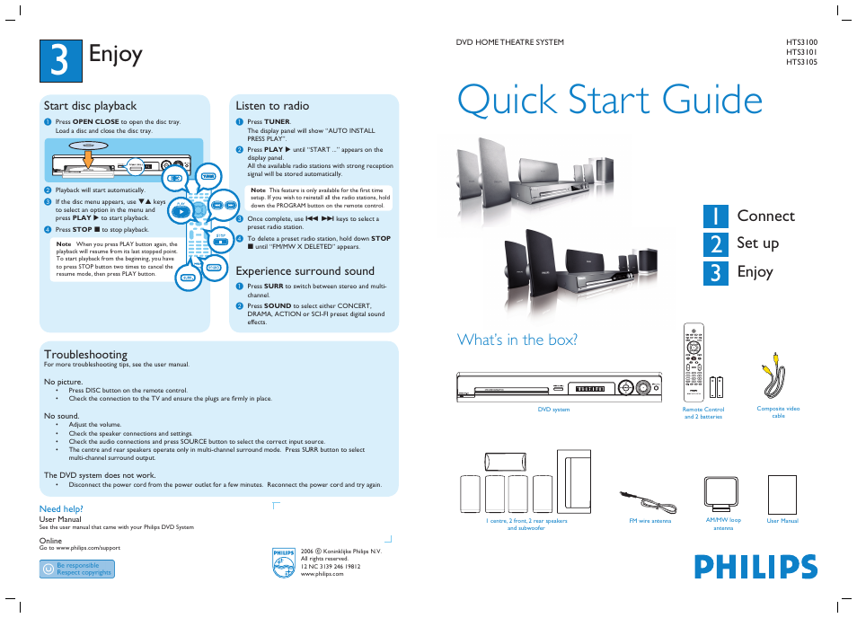 Quick start guide, Enjoy, Connect set up enjoy | What’s in the box, Start disc playback, Listen to radio, Experience surround sound, Troubleshooting | Philips DivX Ultra HTS3101 User Manual | Page 2 / 2