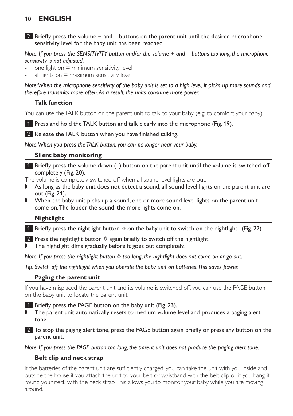 Talk function, Silent baby monitoring, Nightlight | Paging the parent unit, Belt clip and neck strap | Philips Avent DECT baby monitor SCD498 User Manual | Page 10 / 132