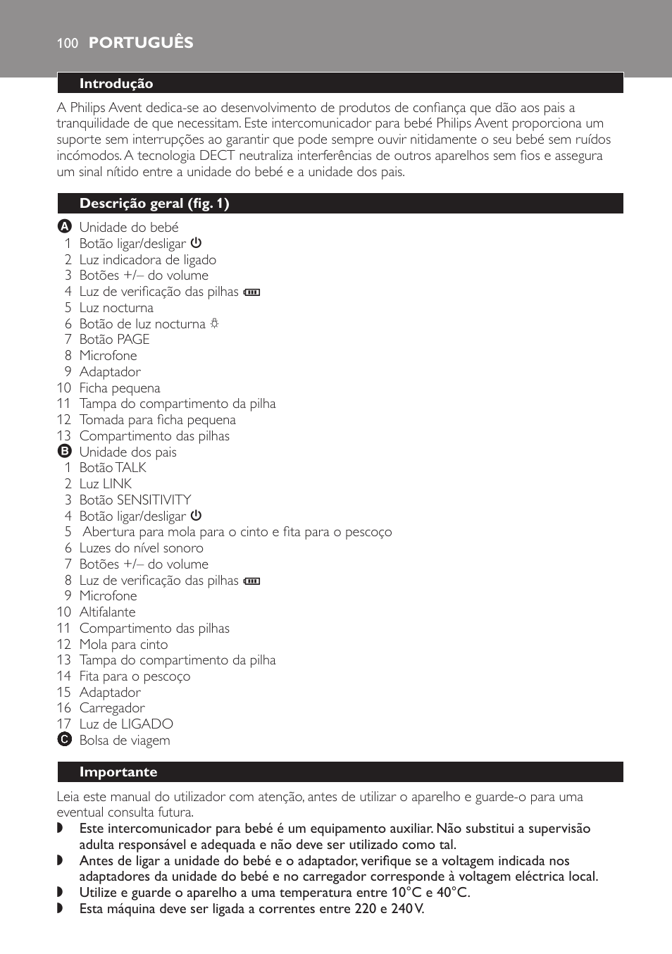 Português, Introdução, Descrição geral (fig. 1) | Importante | Philips Avent DECT baby monitor SCD498 User Manual | Page 100 / 132
