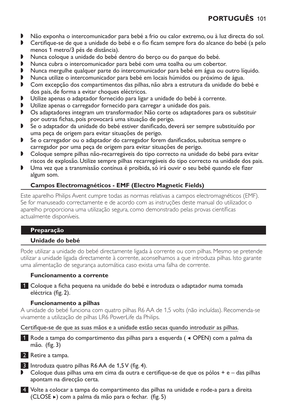 Preparação, Unidade do bebé, Funcionamento a corrente | Funcionamento a pilhas | Philips Avent DECT baby monitor SCD498 User Manual | Page 101 / 132