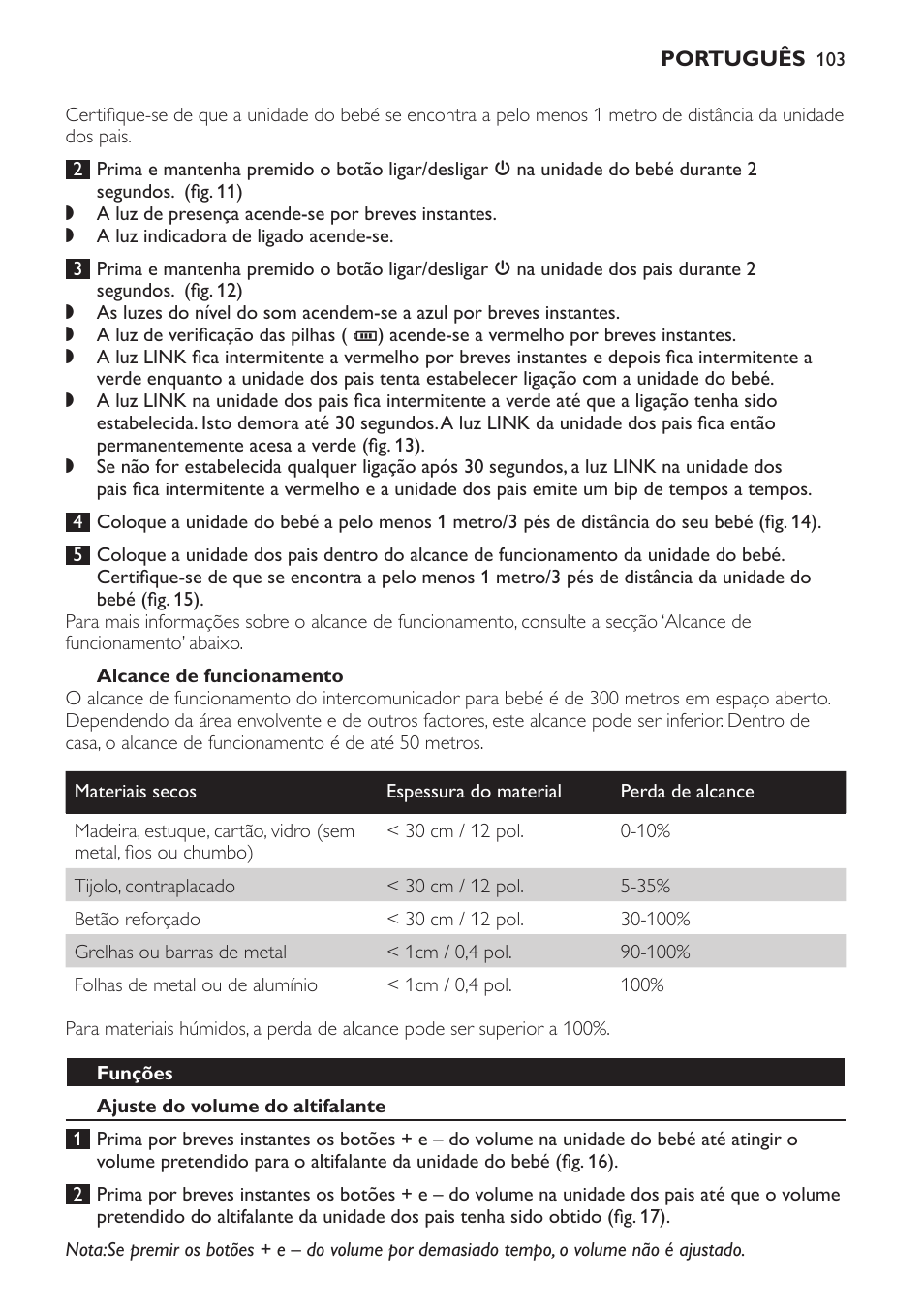 Alcance de funcionamento, Funções, Ajuste do volume do altifalante | Philips Avent DECT baby monitor SCD498 User Manual | Page 103 / 132