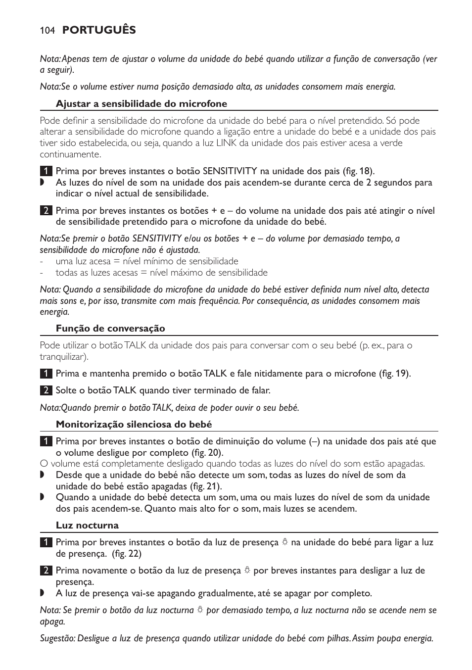 Ajustar a sensibilidade do microfone, Função de conversação, Monitorização silenciosa do bebé | Luz nocturna | Philips Avent DECT baby monitor SCD498 User Manual | Page 104 / 132