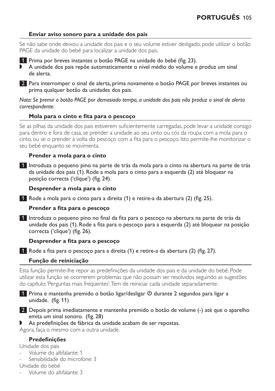 Enviar aviso sonoro para a unidade dos pais, Mola para o cinto e fita para o pescoço, Prender a mola para o cinto | Desprender a mola para o cinto, Prender a fita para o pescoço, Desprender a fita para o pescoço, Função de reiniciação, Predefinições | Philips Avent DECT baby monitor SCD498 User Manual | Page 105 / 132