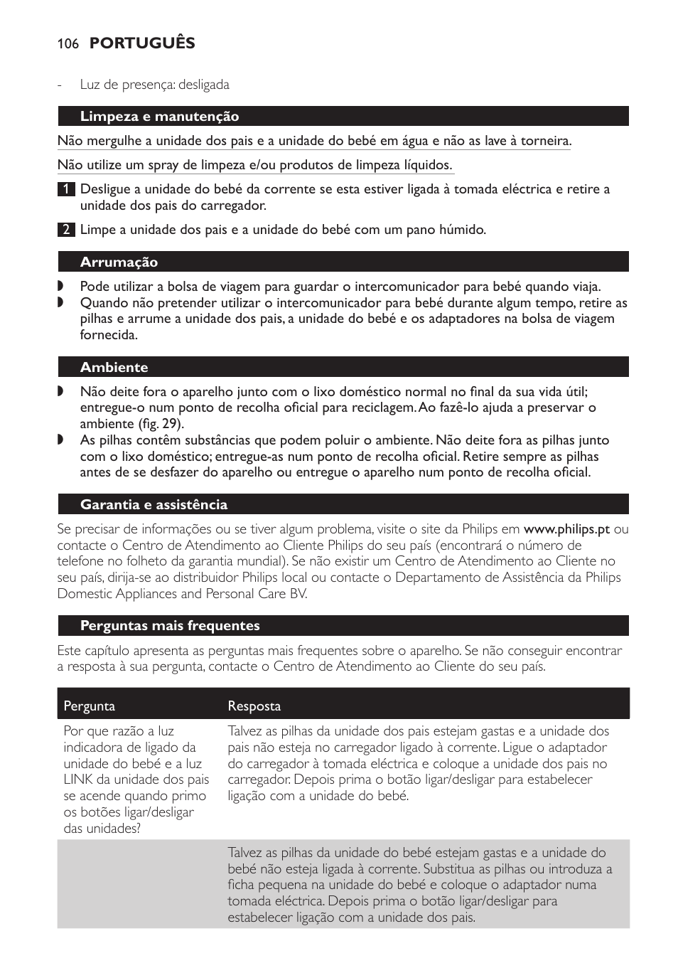 Limpeza e manutenção, Arrumação, Ambiente | Garantia e assistência, Perguntas mais frequentes | Philips Avent DECT baby monitor SCD498 User Manual | Page 106 / 132