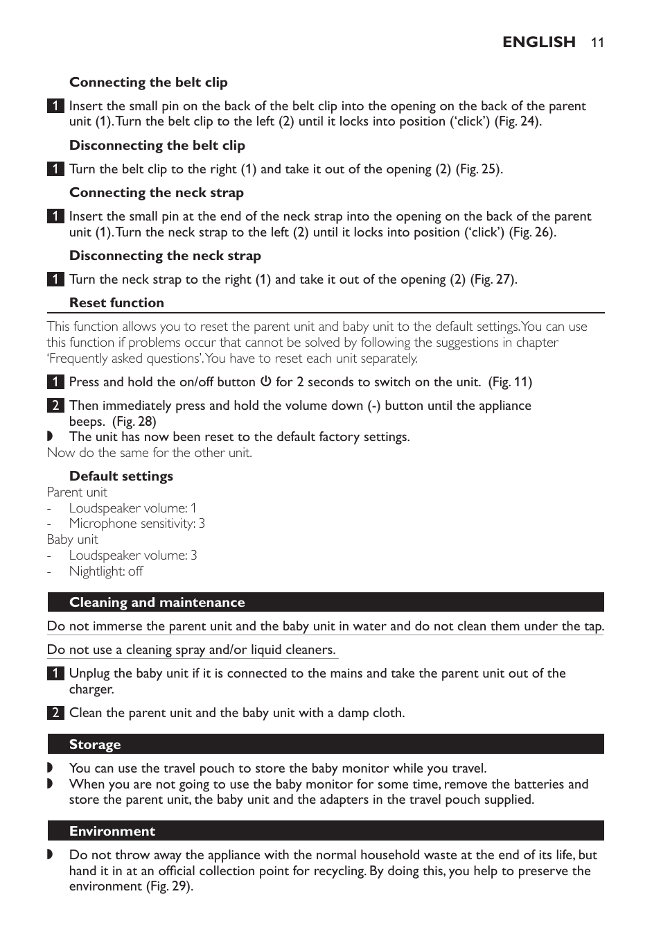 Connecting the belt clip, Disconnecting the belt clip, Connecting the neck strap | Disconnecting the neck strap, Reset function, Default settings, Cleaning and maintenance, Storage, Environment | Philips Avent DECT baby monitor SCD498 User Manual | Page 11 / 132