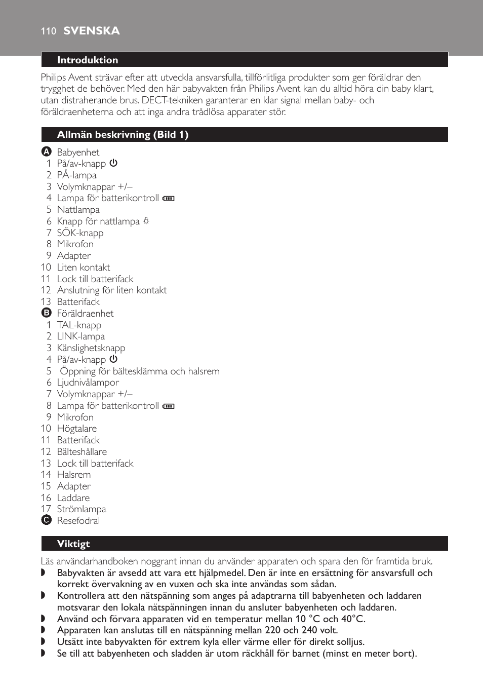 Svenska, Introduktion, Allmän beskrivning (bild 1) | Viktigt | Philips Avent DECT baby monitor SCD498 User Manual | Page 110 / 132