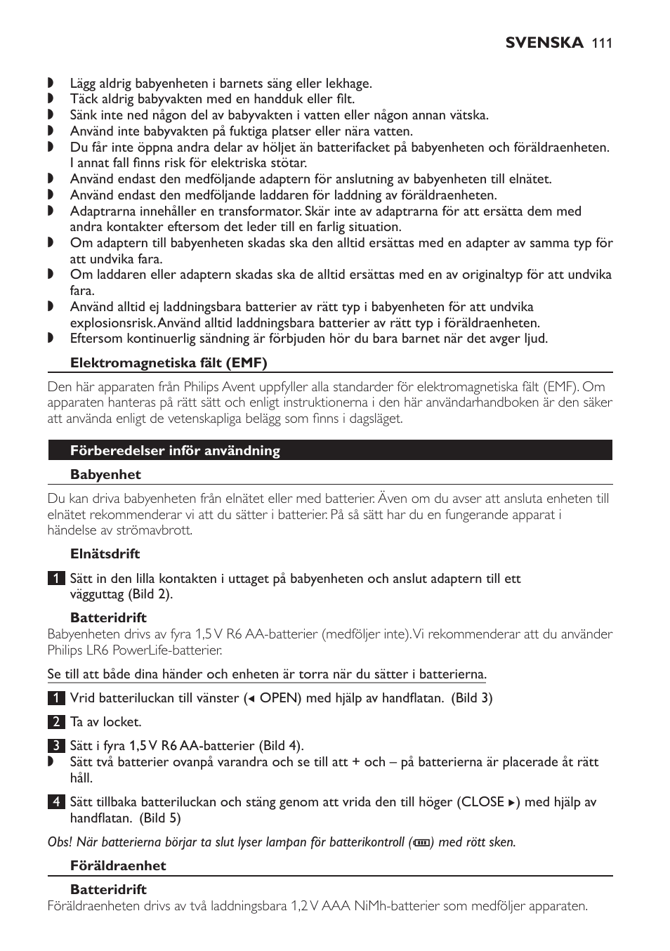 Elektromagnetiska fält (emf), Förberedelser inför användning, Babyenhet | Elnätsdrift, Batteridrift, Föräldraenhet | Philips Avent DECT baby monitor SCD498 User Manual | Page 111 / 132