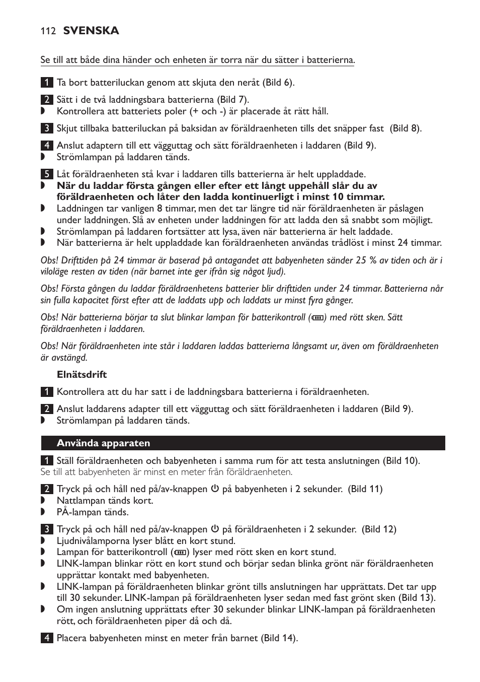 Elnätsdrift, Använda apparaten | Philips Avent DECT baby monitor SCD498 User Manual | Page 112 / 132