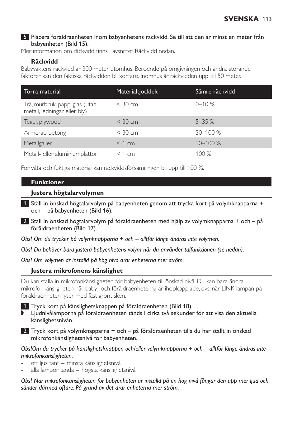 Räckvidd, Funktioner, Justera högtalarvolymen | Justera mikrofonens känslighet | Philips Avent DECT baby monitor SCD498 User Manual | Page 113 / 132