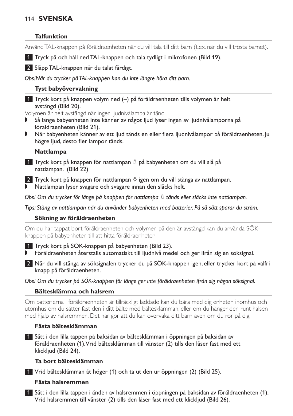 Talfunktion, Tyst babyövervakning, Nattlampa | Sökning av föräldraenheten, Bältesklämma och halsrem, Fästa bältesklämman, Ta bort bältesklämman, Fästa halsremmen | Philips Avent DECT baby monitor SCD498 User Manual | Page 114 / 132