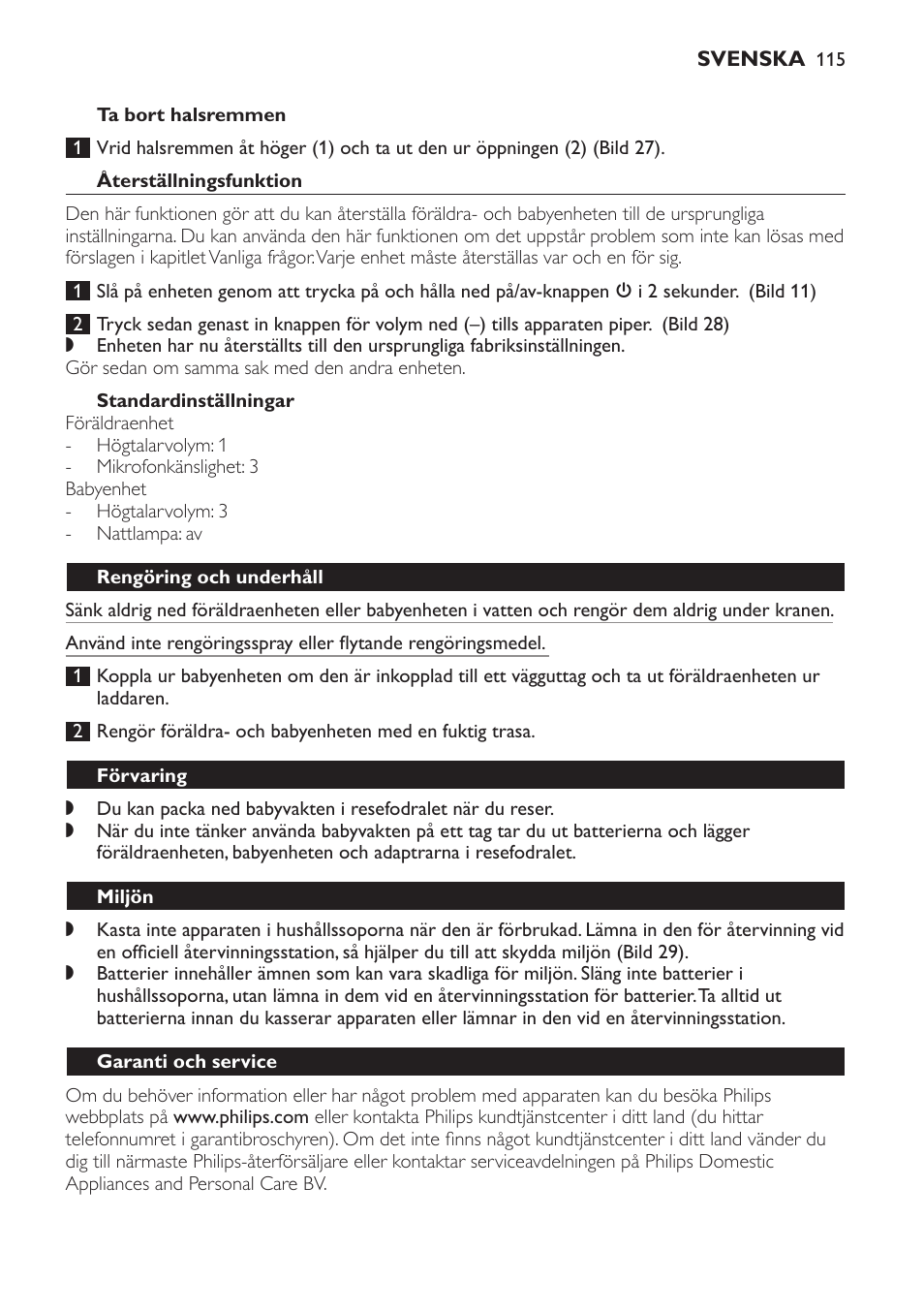 Ta bort halsremmen, Återställningsfunktion, Standardinställningar | Rengöring och underhåll, Förvaring, Miljön, Garanti och service | Philips Avent DECT baby monitor SCD498 User Manual | Page 115 / 132