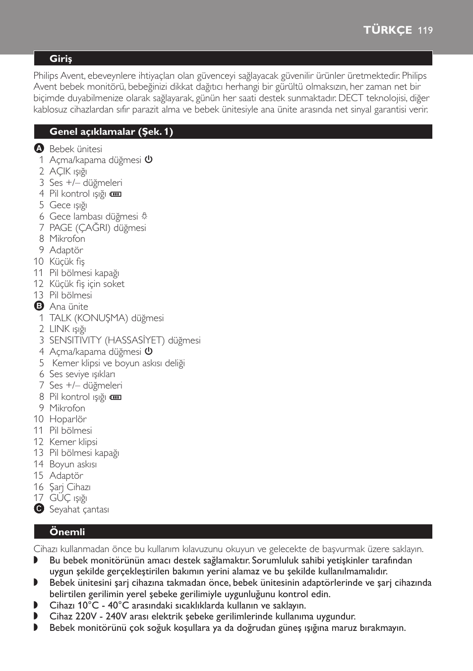 Türkçe, Giriş, Genel açıklamalar (şek. 1) | Önemli | Philips Avent DECT baby monitor SCD498 User Manual | Page 119 / 132