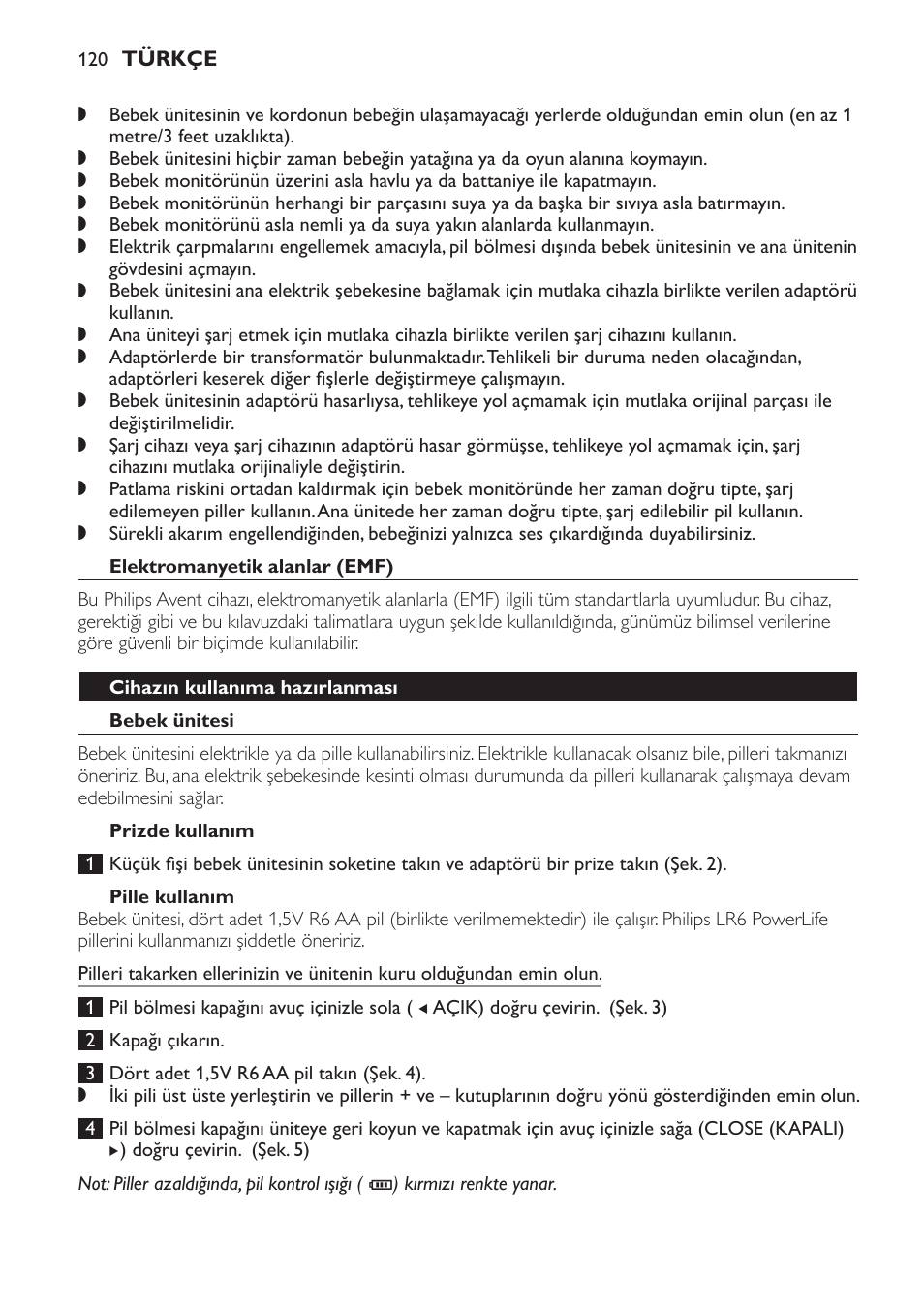 Elektromanyetik alanlar (emf), Cihazın kullanıma hazırlanması, Bebek ünitesi | Prizde kullanım, Pille kullanım | Philips Avent DECT baby monitor SCD498 User Manual | Page 120 / 132