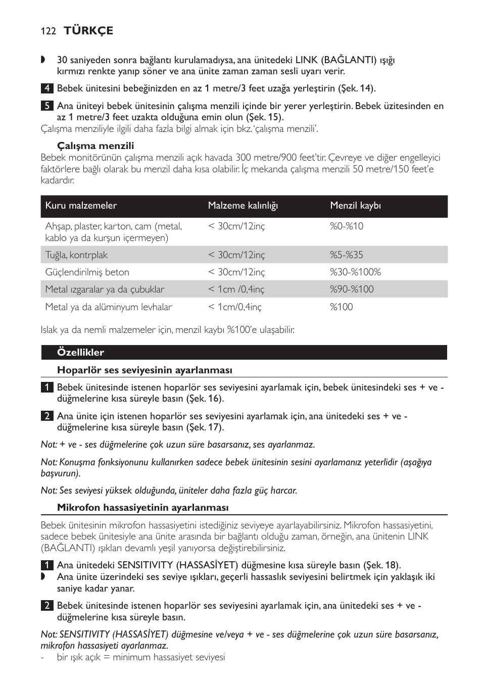 Çalışma menzili, Özellikler, Hoparlör ses seviyesinin ayarlanması | Mikrofon hassasiyetinin ayarlanması | Philips Avent DECT baby monitor SCD498 User Manual | Page 122 / 132