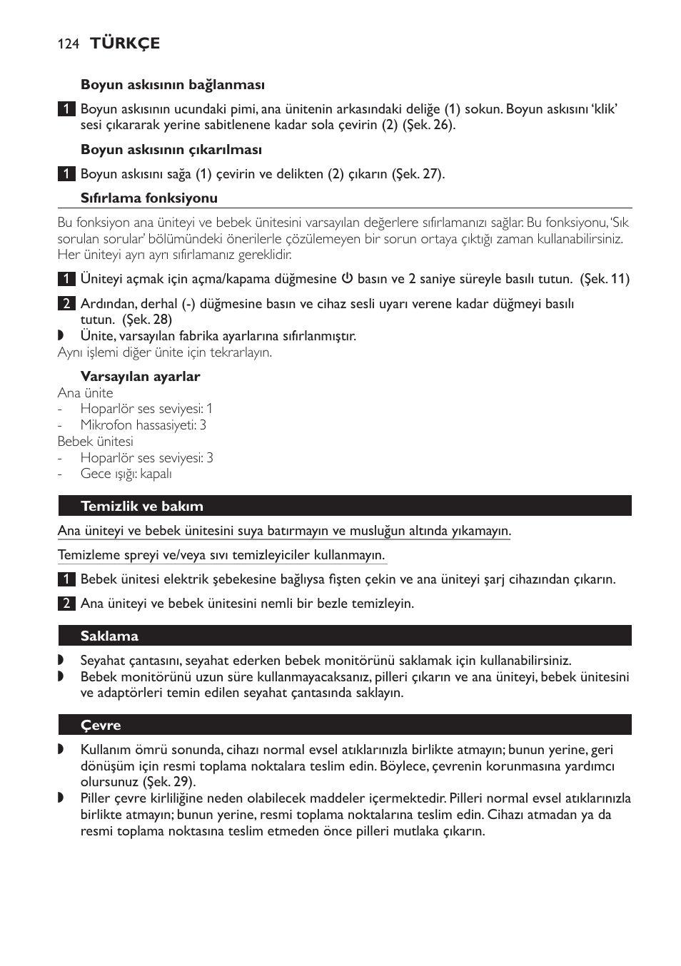 Boyun askısının bağlanması, Boyun askısının çıkarılması, Sıfırlama fonksiyonu | Varsayılan ayarlar, Temizlik ve bakım, Saklama, Çevre, Garanti ve servis | Philips Avent DECT baby monitor SCD498 User Manual | Page 124 / 132