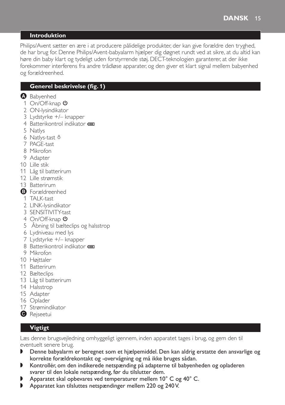 Dansk, Introduktion, Generel beskrivelse (fig. 1) | Vigtigt | Philips Avent DECT baby monitor SCD498 User Manual | Page 15 / 132