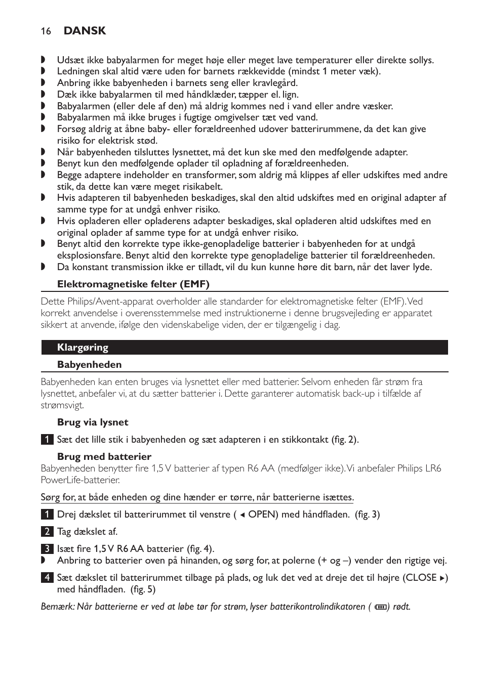 Elektromagnetiske felter (emf), Klargøring, Babyenheden | Brug via lysnet, Brug med batterier | Philips Avent DECT baby monitor SCD498 User Manual | Page 16 / 132