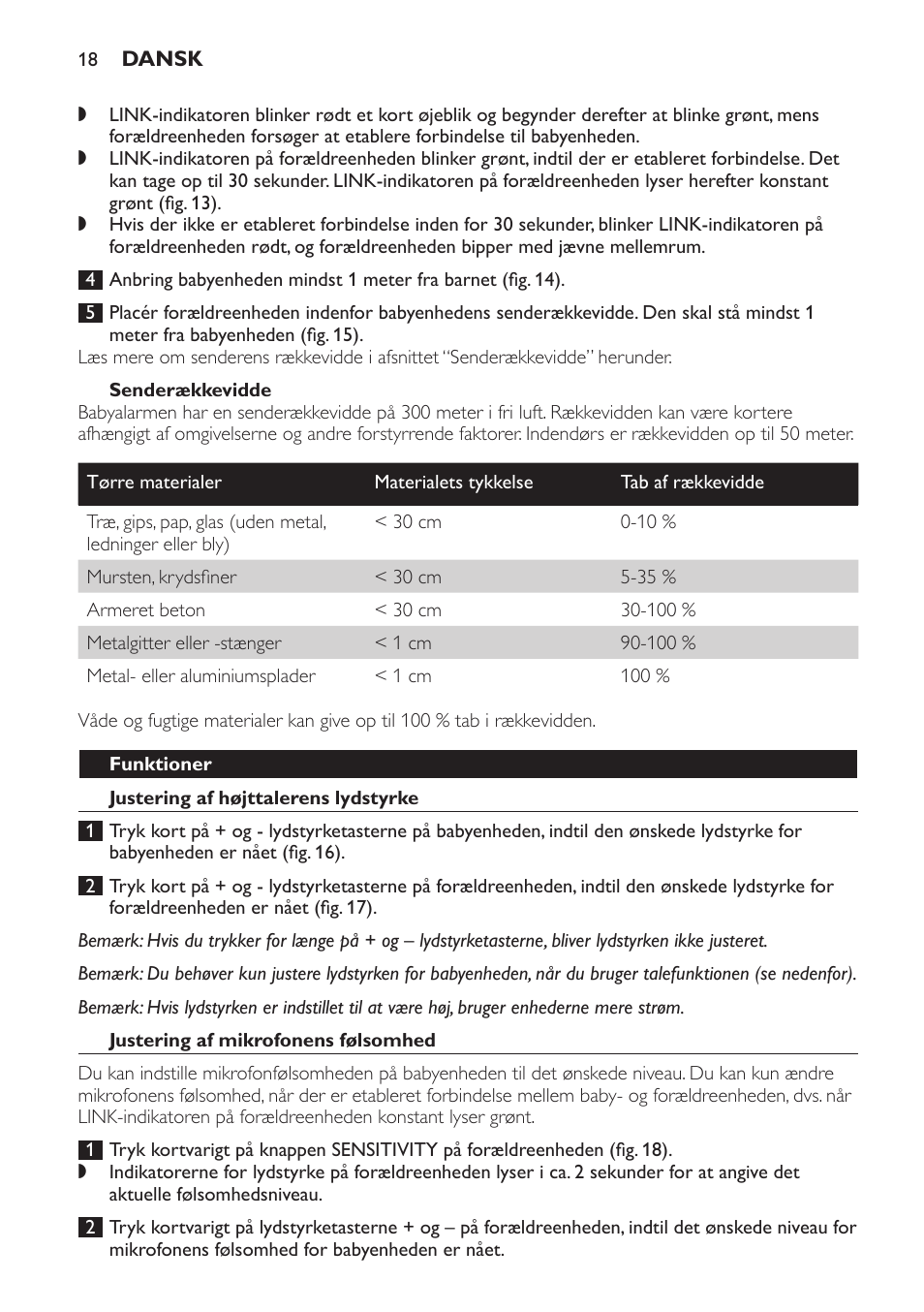 Senderækkevidde, Funktioner, Justering af højttalerens lydstyrke | Justering af mikrofonens følsomhed | Philips Avent DECT baby monitor SCD498 User Manual | Page 18 / 132