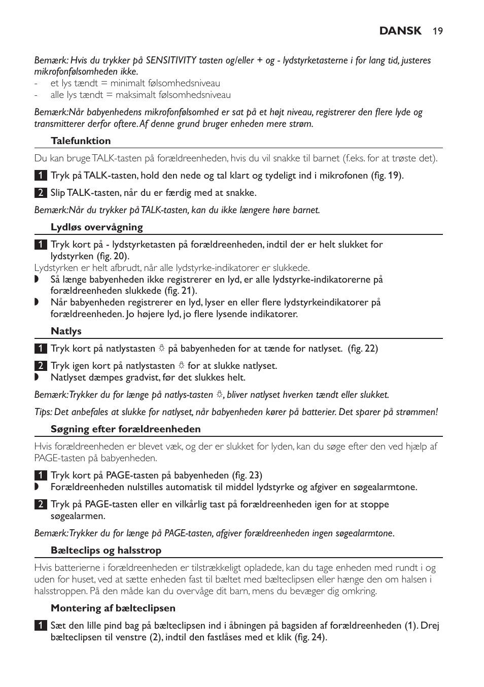 Talefunktion, Lydløs overvågning, Natlys | Søgning efter forældreenheden, Bælteclips og halsstrop, Montering af bælteclipsen | Philips Avent DECT baby monitor SCD498 User Manual | Page 19 / 132