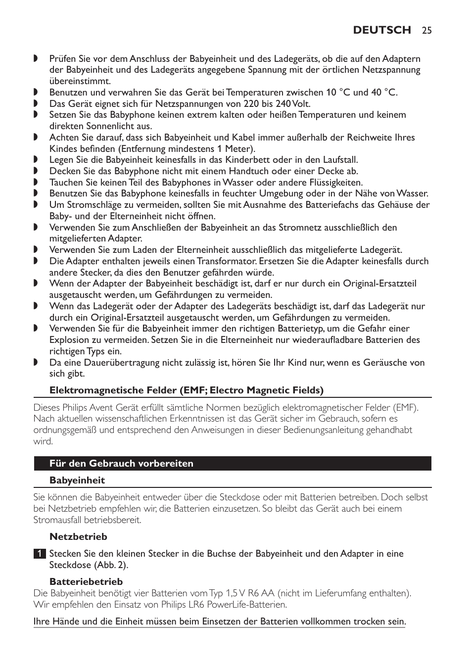 Für den gebrauch vorbereiten, Babyeinheit, Netzbetrieb | Batteriebetrieb | Philips Avent DECT baby monitor SCD498 User Manual | Page 25 / 132