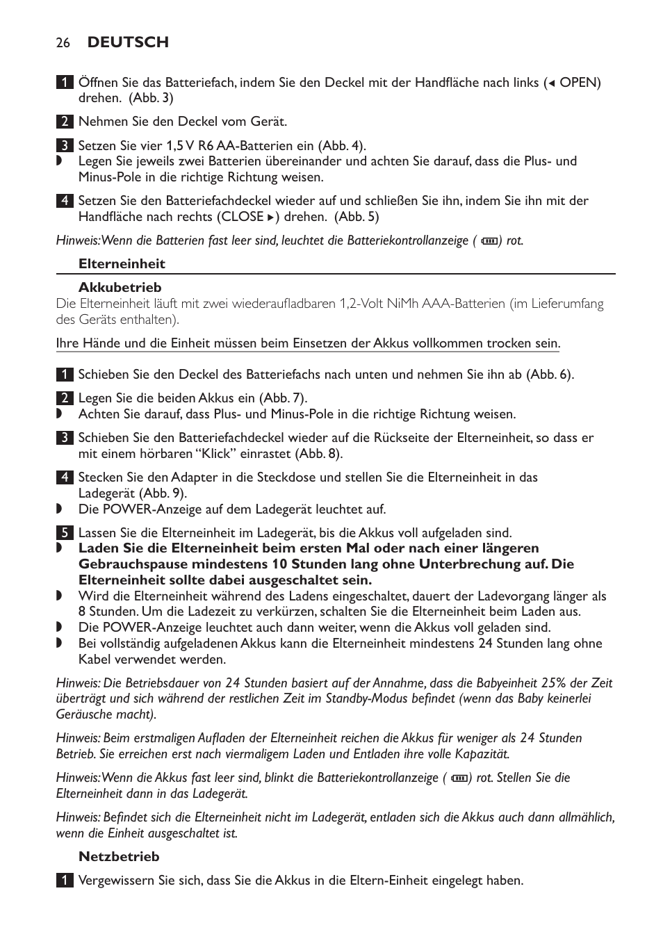 Elterneinheit, Akkubetrieb, Netzbetrieb | Philips Avent DECT baby monitor SCD498 User Manual | Page 26 / 132