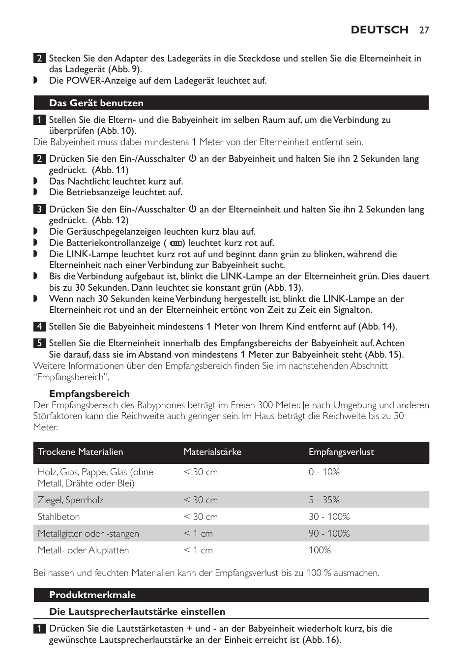 Empfangsbereich, Das gerät benutzen, Produktmerkmale | Die lautsprecherlautstärke einstellen | Philips Avent DECT baby monitor SCD498 User Manual | Page 27 / 132