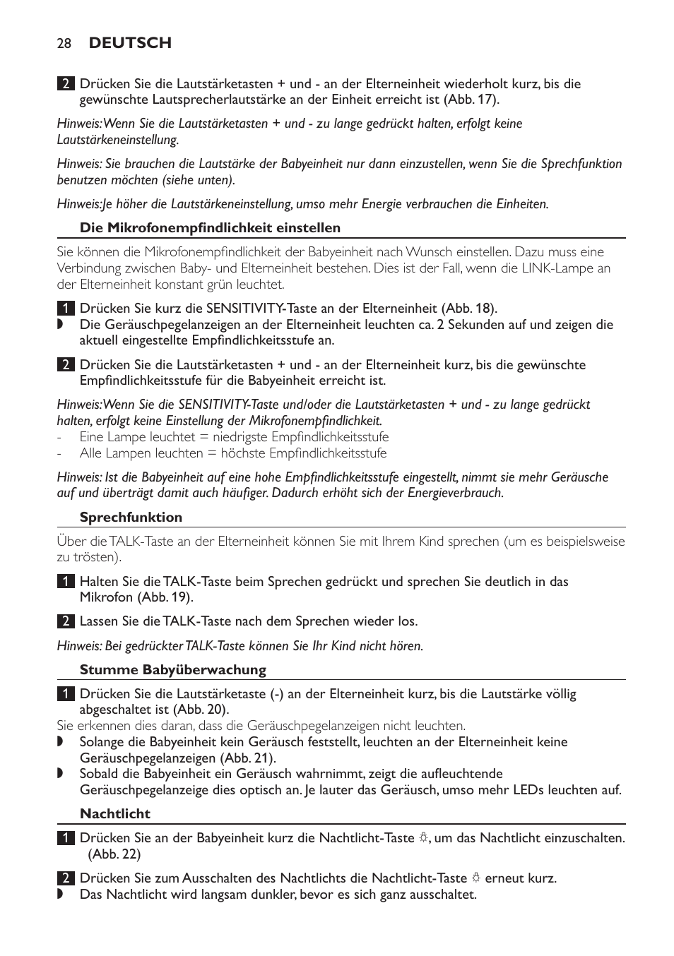 Die mikrofonempfindlichkeit einstellen, Sprechfunktion, Stumme babyüberwachung | Nachtlicht | Philips Avent DECT baby monitor SCD498 User Manual | Page 28 / 132
