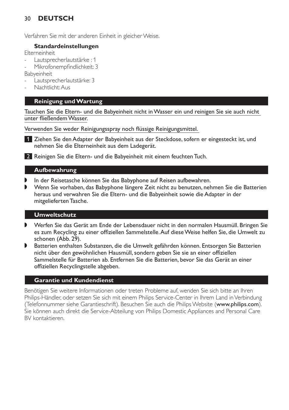 Standardeinstellungen, Reinigung und wartung, Aufbewahrung | Umweltschutz, Garantie und kundendienst, Häufig gestellte fragen | Philips Avent DECT baby monitor SCD498 User Manual | Page 30 / 132