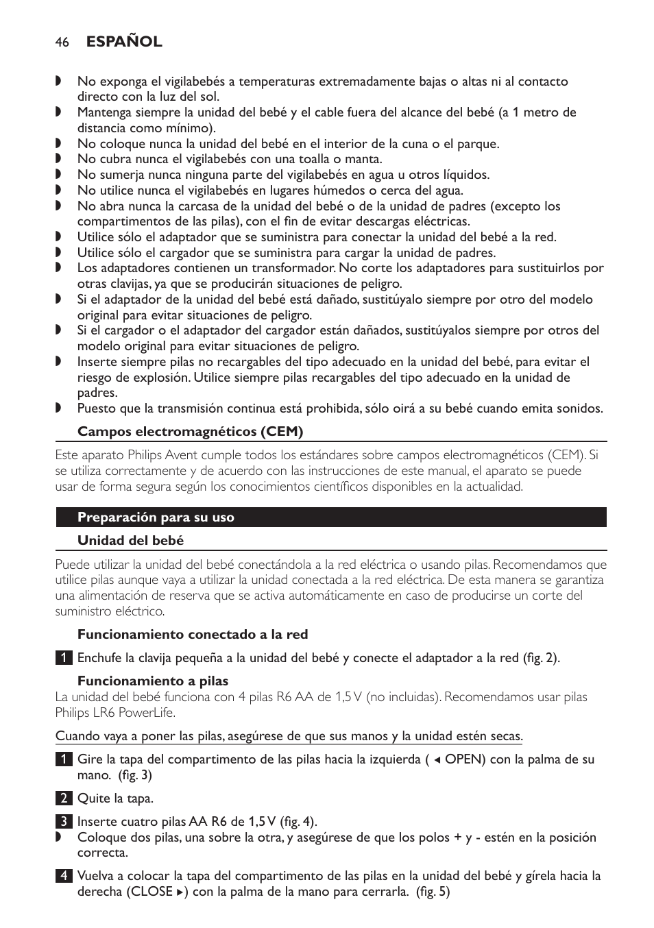 Campos electromagnéticos (cem), Preparación para su uso, Unidad del bebé | Funcionamiento conectado a la red, Funcionamiento a pilas | Philips Avent DECT baby monitor SCD498 User Manual | Page 46 / 132