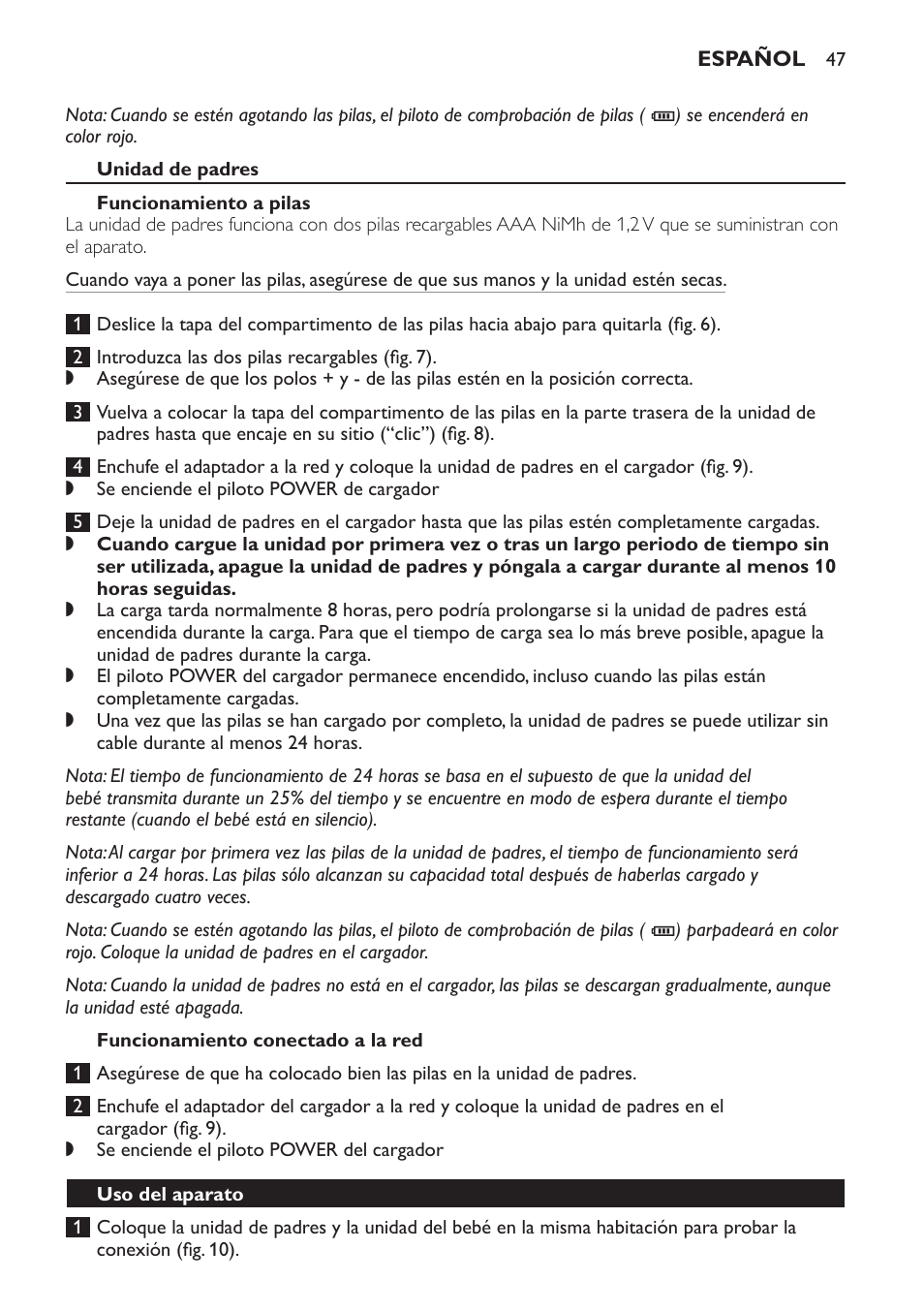 Unidad de padres, Funcionamiento a pilas, Funcionamiento conectado a la red | Uso del aparato | Philips Avent DECT baby monitor SCD498 User Manual | Page 47 / 132