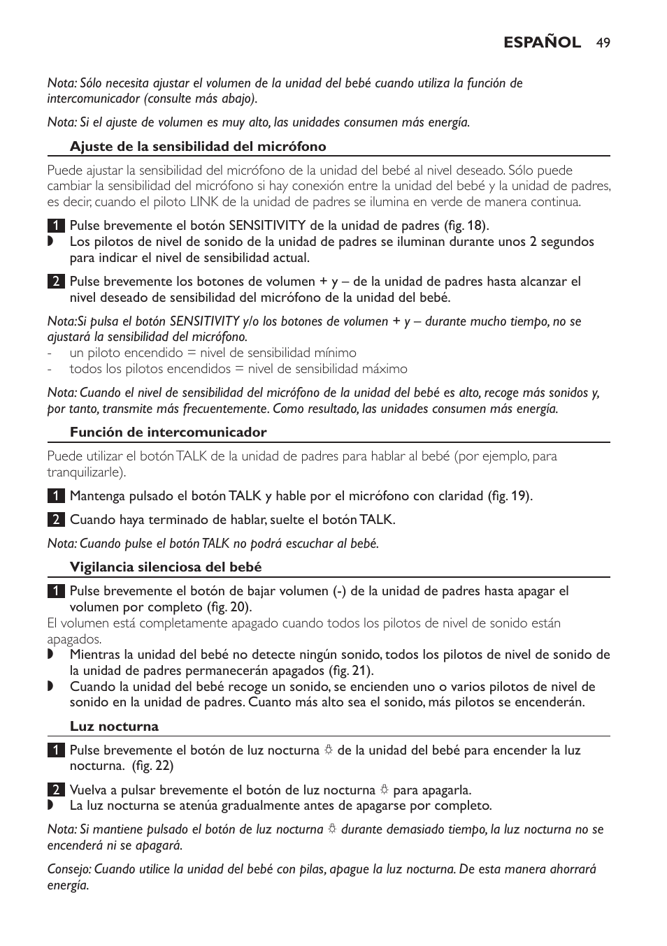 Ajuste de la sensibilidad del micrófono, Función de intercomunicador, Vigilancia silenciosa del bebé | Luz nocturna | Philips Avent DECT baby monitor SCD498 User Manual | Page 49 / 132