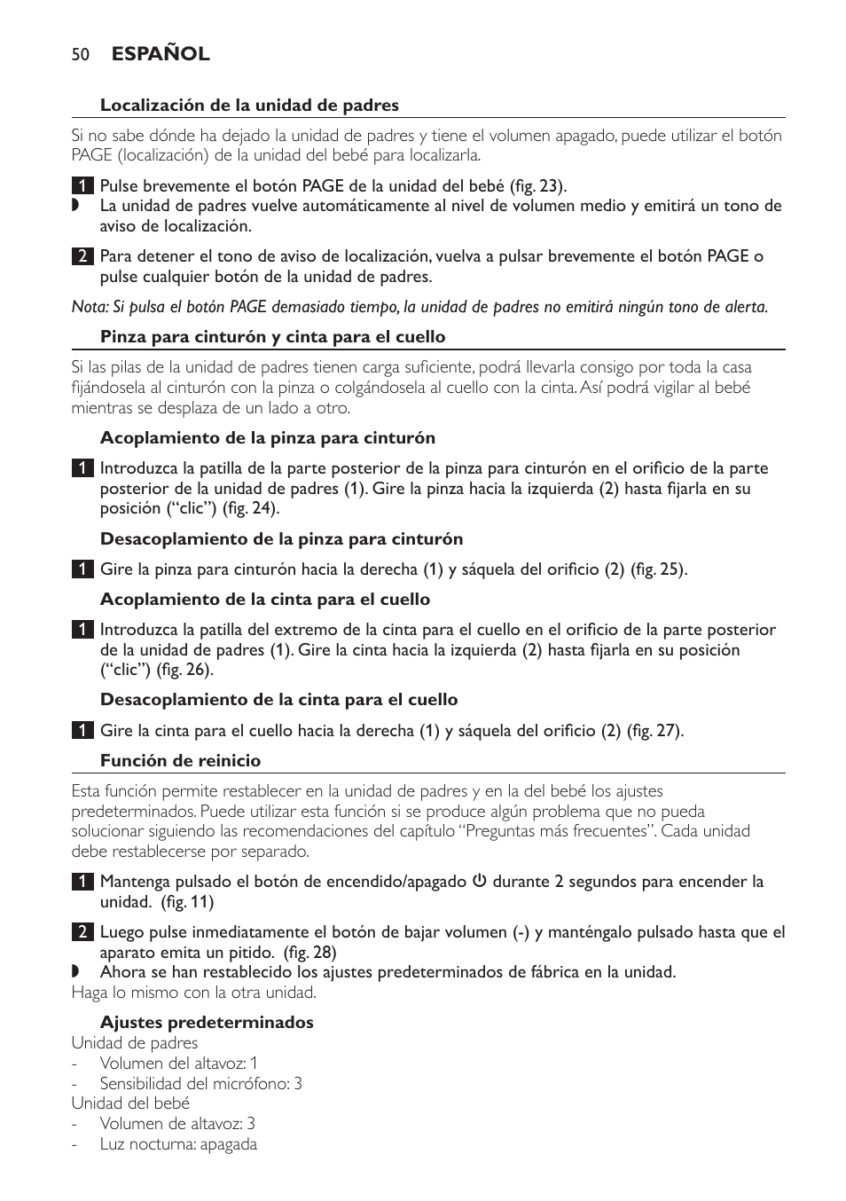Localización de la unidad de padres, Pinza para cinturón y cinta para el cuello, Acoplamiento de la pinza para cinturón | Desacoplamiento de la pinza para cinturón, Acoplamiento de la cinta para el cuello, Desacoplamiento de la cinta para el cuello, Función de reinicio, Ajustes predeterminados | Philips Avent DECT baby monitor SCD498 User Manual | Page 50 / 132