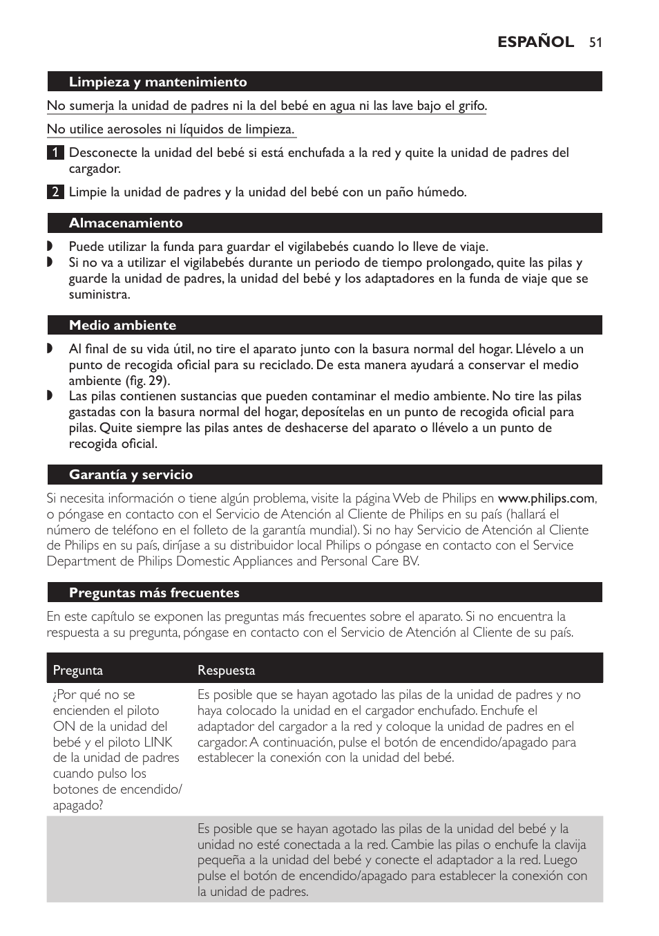 Limpieza y mantenimiento, Almacenamiento, Medio ambiente | Garantía y servicio, Preguntas más frecuentes | Philips Avent DECT baby monitor SCD498 User Manual | Page 51 / 132