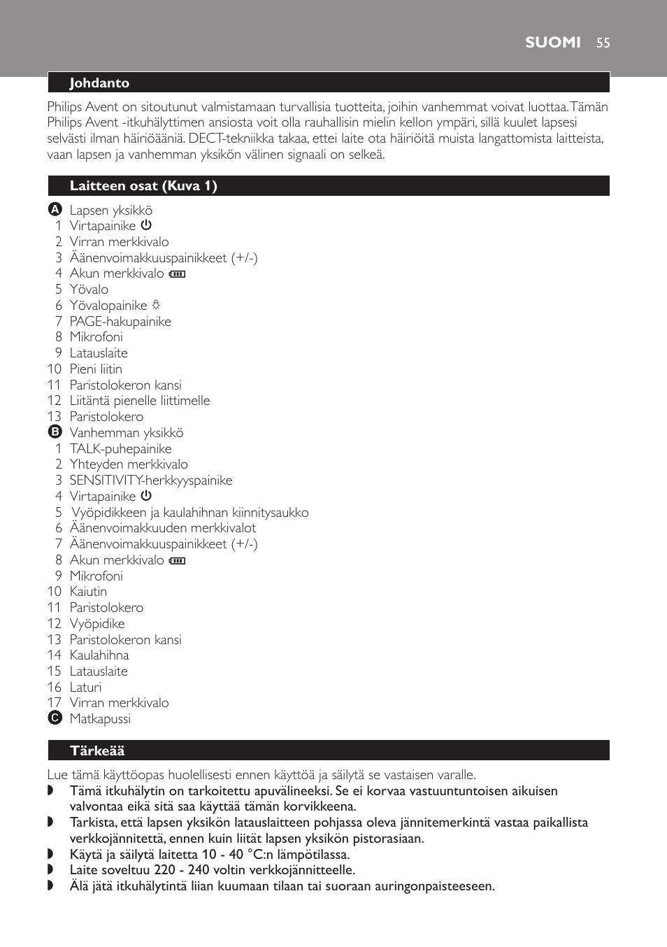 Suomi, Johdanto, Laitteen osat (kuva 1) | Tärkeää | Philips Avent DECT baby monitor SCD498 User Manual | Page 55 / 132