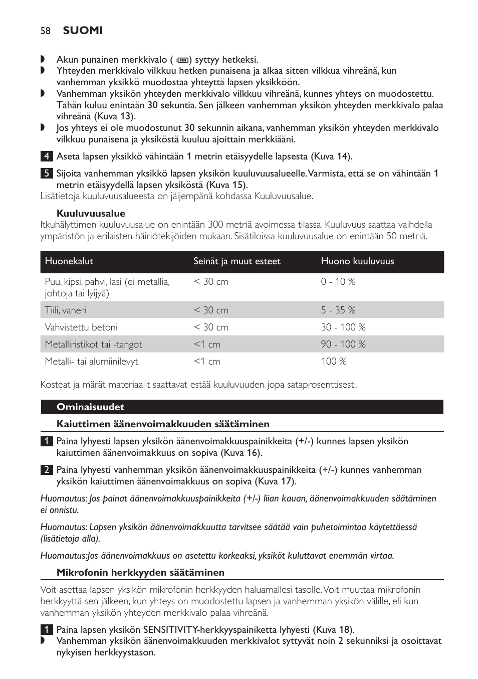 Kuuluvuusalue, Ominaisuudet, Kaiuttimen äänenvoimakkuuden säätäminen | Mikrofonin herkkyyden säätäminen | Philips Avent DECT baby monitor SCD498 User Manual | Page 58 / 132