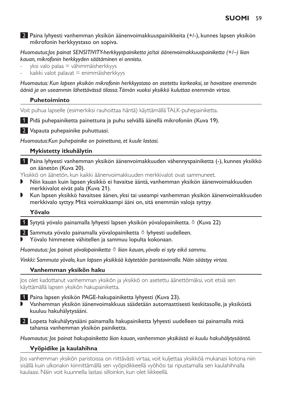 Puhetoiminto, Mykistetty itkuhälytin, Yövalo | Vanhemman yksikön haku, Vyöpidike ja kaulahihna | Philips Avent DECT baby monitor SCD498 User Manual | Page 59 / 132