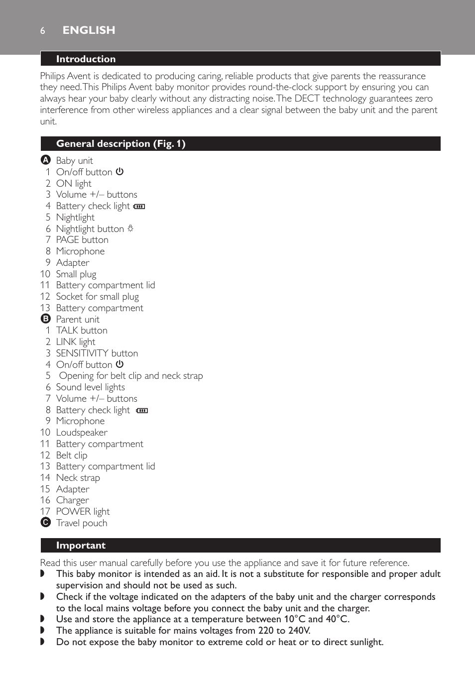 English, Introduction, General description (fig. 1) | Important | Philips Avent DECT baby monitor SCD498 User Manual | Page 6 / 132