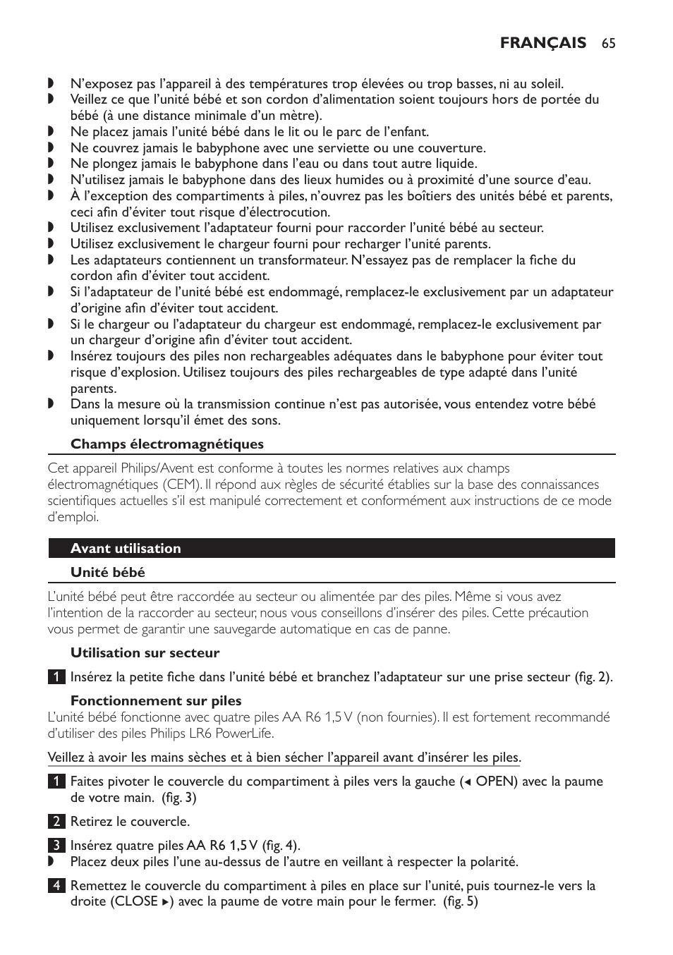 Champs électromagnétiques, Avant utilisation, Unité bébé | Utilisation sur secteur, Fonctionnement sur piles | Philips Avent DECT baby monitor SCD498 User Manual | Page 65 / 132