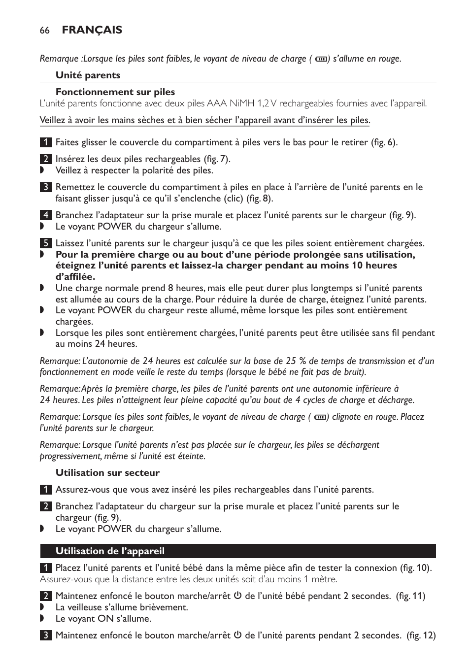 Unité parents, Fonctionnement sur piles, Utilisation sur secteur | Utilisation de l’appareil | Philips Avent DECT baby monitor SCD498 User Manual | Page 66 / 132