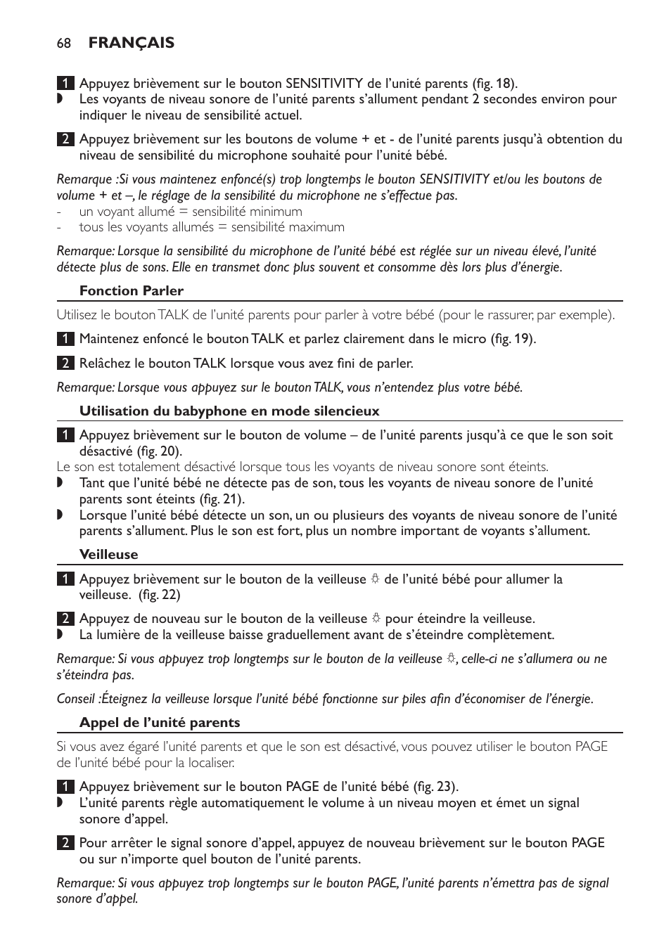 Fonction parler, Utilisation du babyphone en mode silencieux, Veilleuse | Appel de l’unité parents | Philips Avent DECT baby monitor SCD498 User Manual | Page 68 / 132