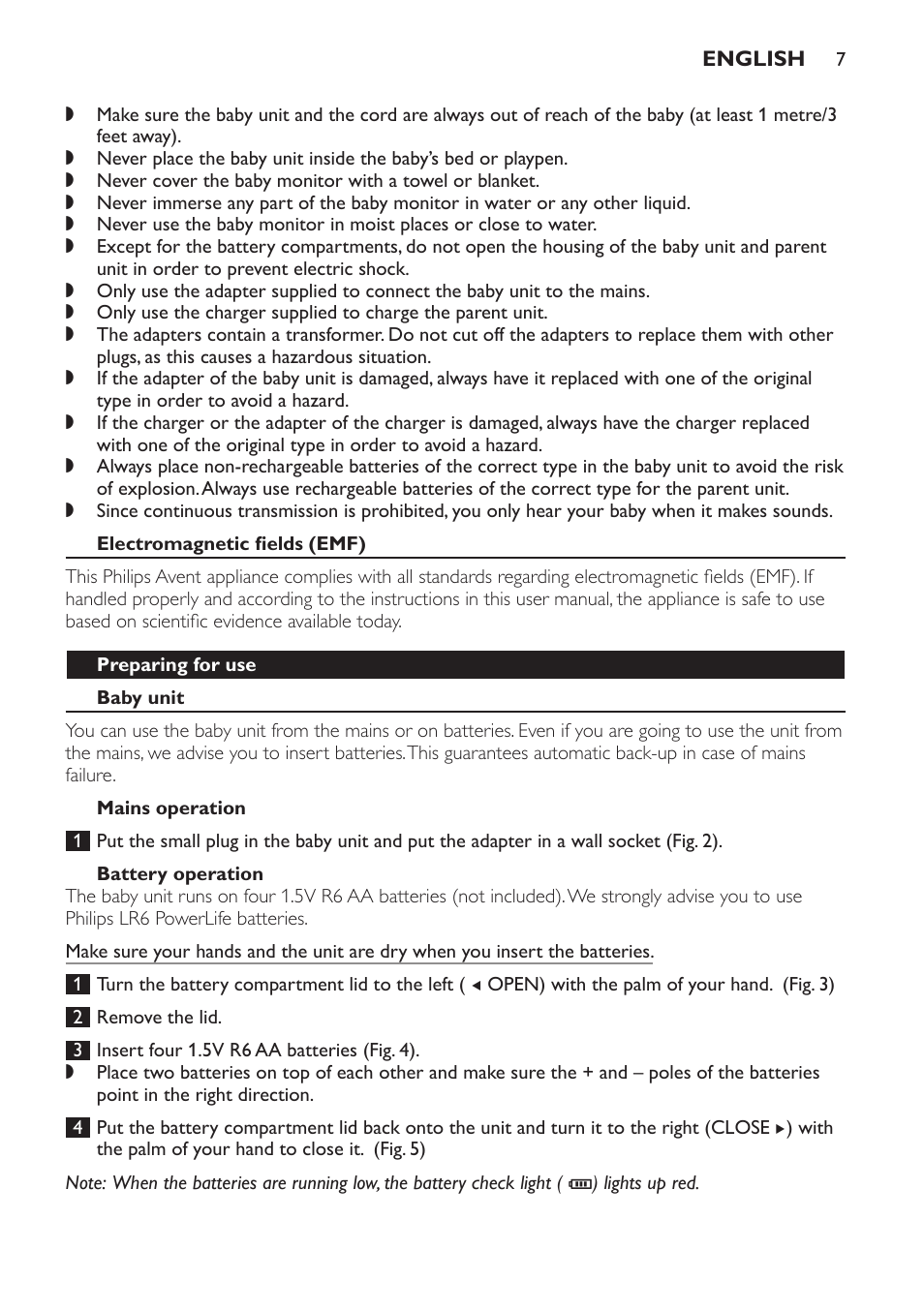 Electromagnetic fields (emf), Preparing for use, Baby unit | Mains operation, Battery operation | Philips Avent DECT baby monitor SCD498 User Manual | Page 7 / 132