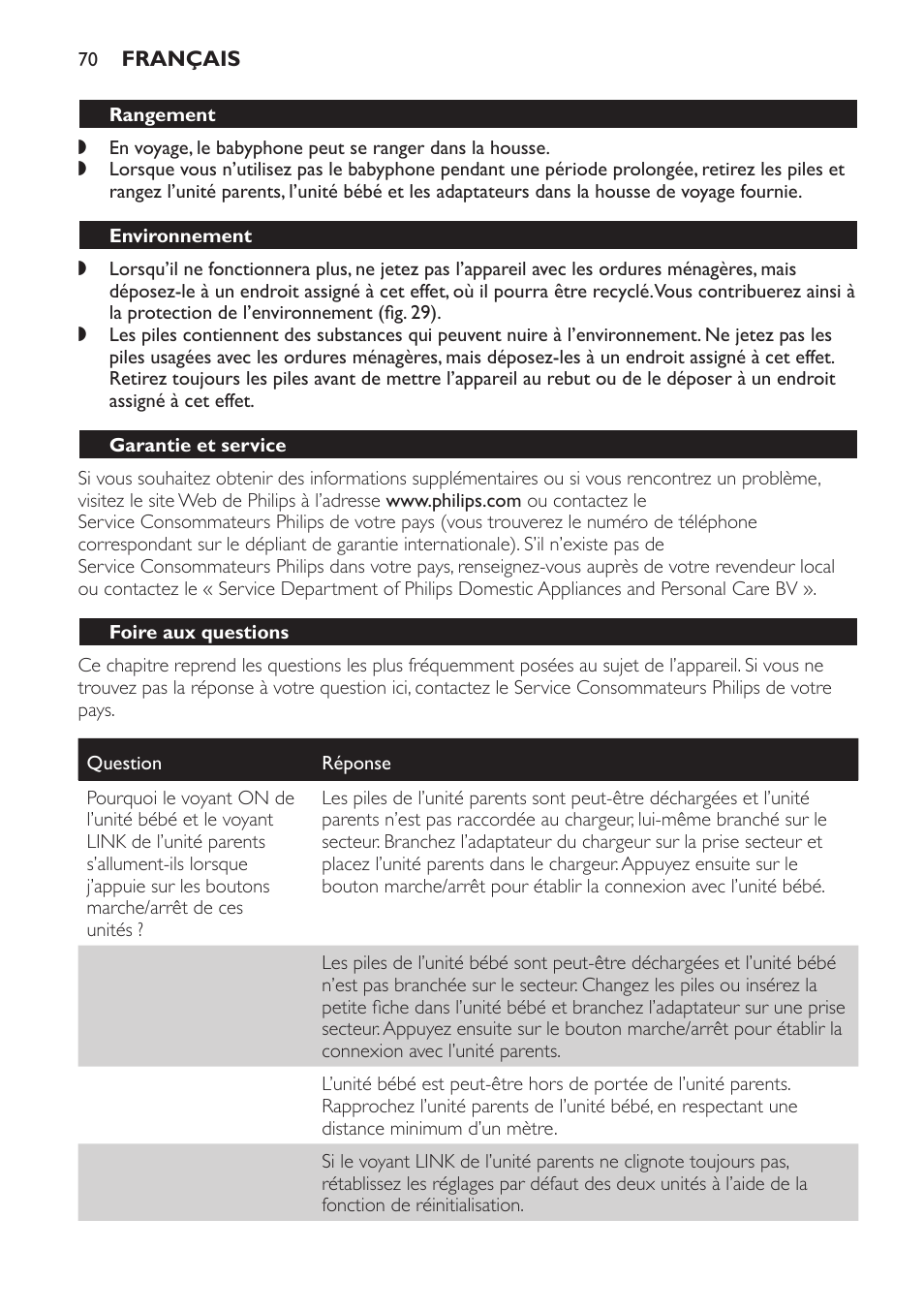 Rangement, Environnement, Garantie et service | Foire aux questions | Philips Avent DECT baby monitor SCD498 User Manual | Page 70 / 132