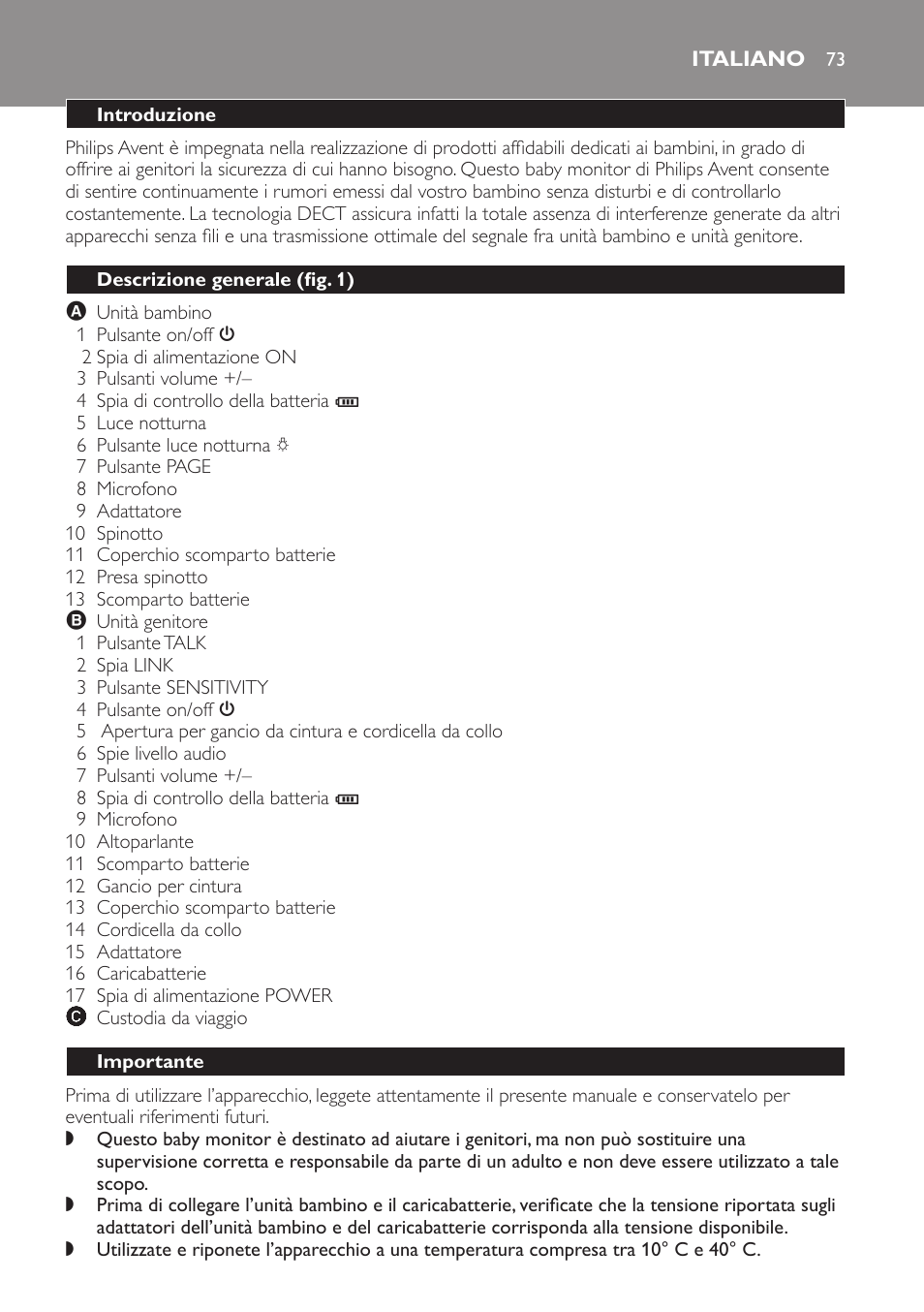 Italiano, Introduzione, Descrizione generale (fig. 1) | Importante | Philips Avent DECT baby monitor SCD498 User Manual | Page 73 / 132