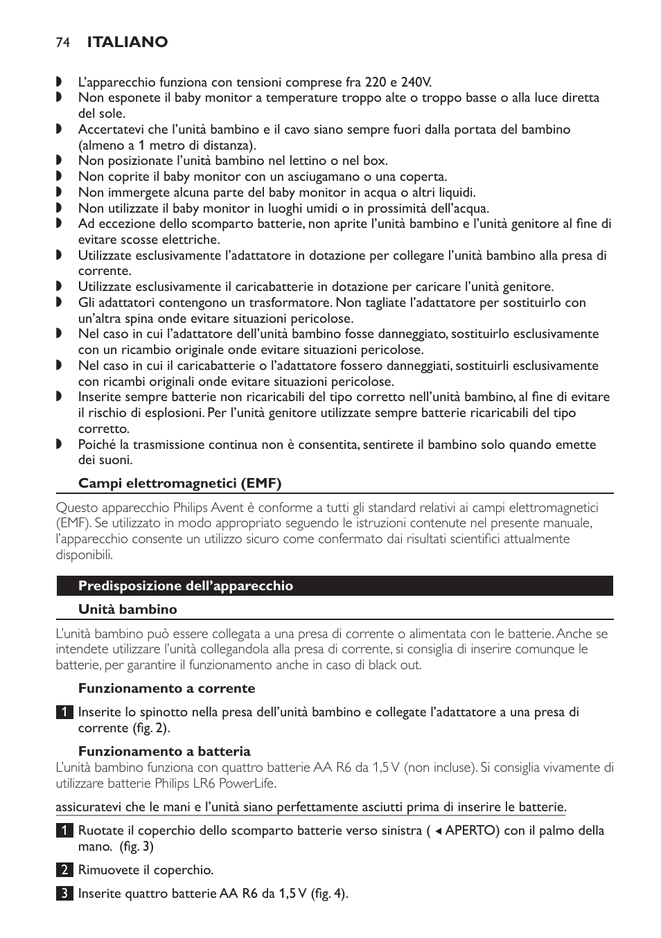 Campi elettromagnetici (emf), Predisposizione dell’apparecchio, Unità bambino | Funzionamento a corrente, Funzionamento a batteria | Philips Avent DECT baby monitor SCD498 User Manual | Page 74 / 132