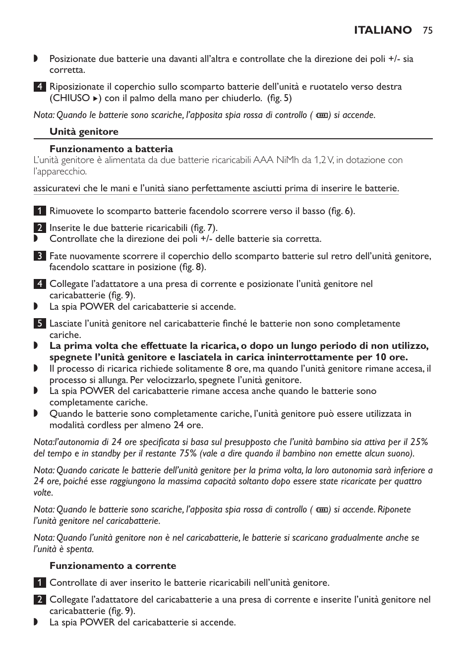Unità genitore, Funzionamento a batteria, Funzionamento a corrente | Philips Avent DECT baby monitor SCD498 User Manual | Page 75 / 132