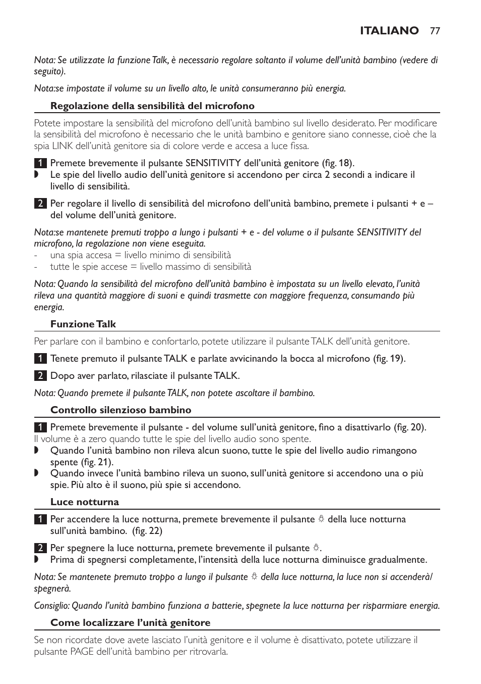 Regolazione della sensibilità del microfono, Funzione talk, Controllo silenzioso bambino | Luce notturna, Come localizzare l’unità genitore | Philips Avent DECT baby monitor SCD498 User Manual | Page 77 / 132